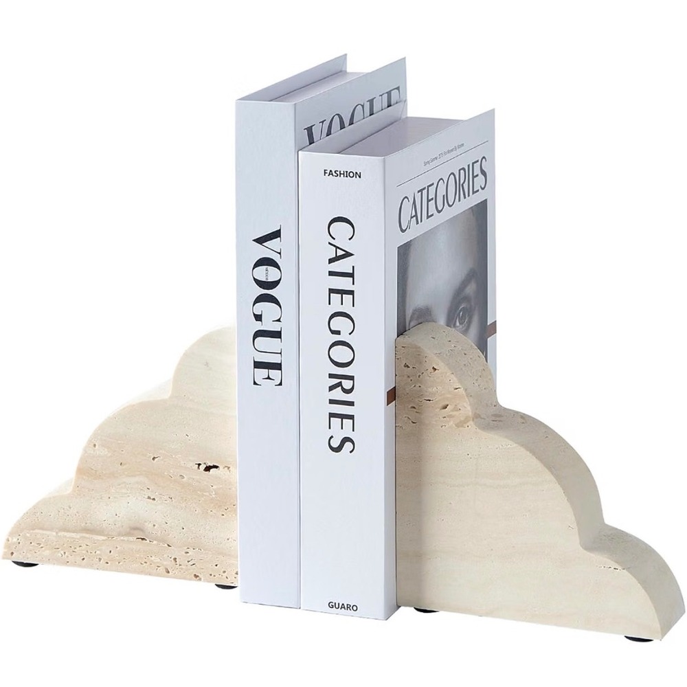 Natural Beige Travertine Scalloped Cloud Bookends Solid Stone Heavy Duty Set 2